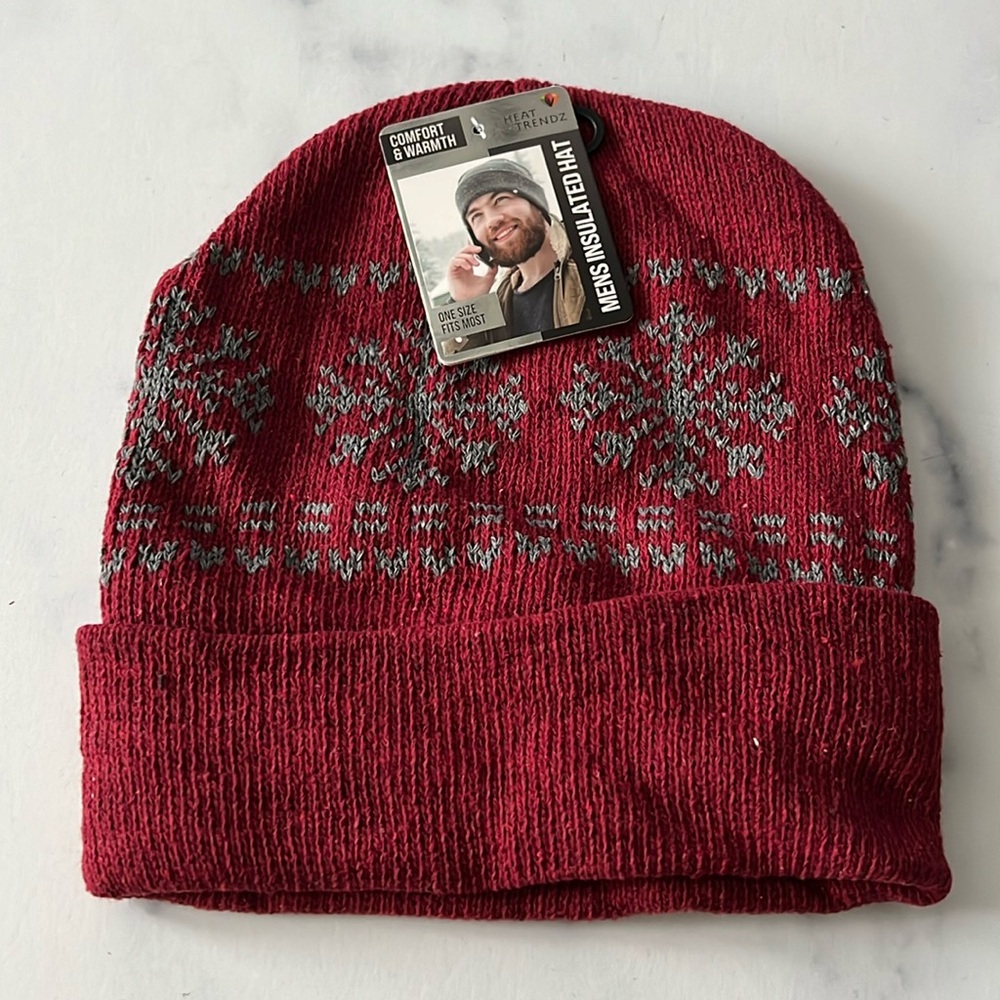 Men’s Insulated Hat, Knit Beanie, Red & Grey One Size New w/Tag